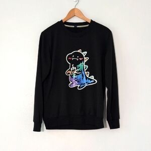 Black Messy Colorful Dinosaur Graphic Sweater Crewneck Sweatshirt Polyester Sz S